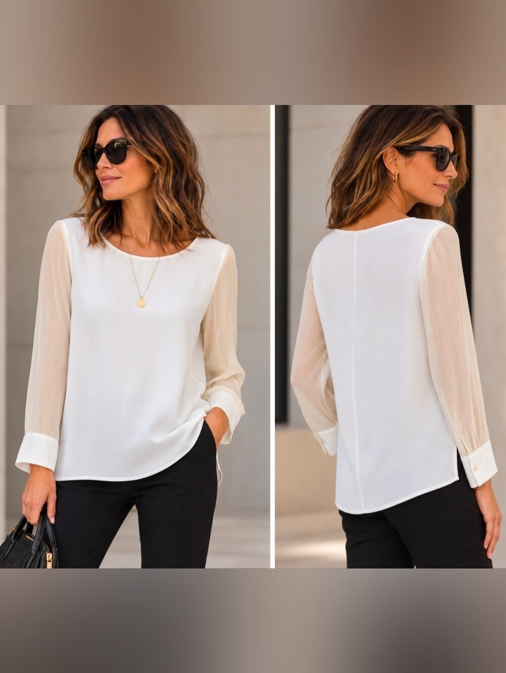 Theory Toska C Ivory White Silk Sleeve Blouse Sheer Minimalist Sz Large